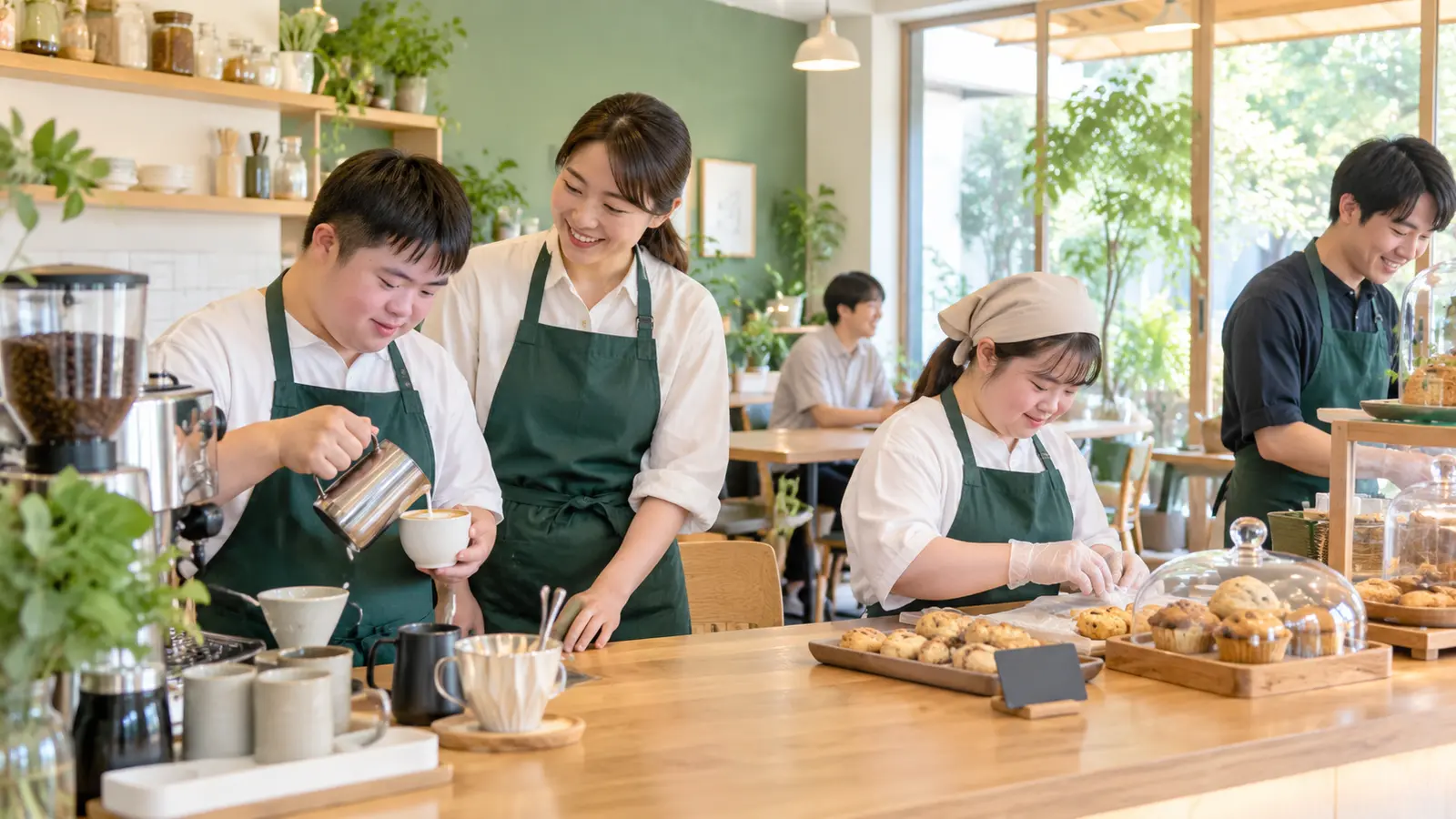 カフェでドリンクや焼き菓子づくりに取り組むイメージ